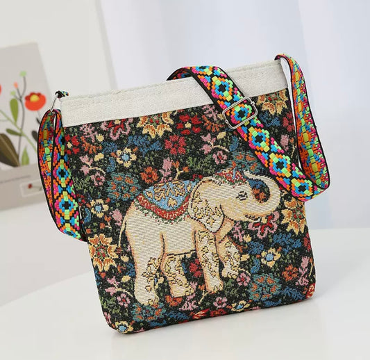 Boho Elephant Embroidered Crossbody Bag – Tablet & Everyday Essentials