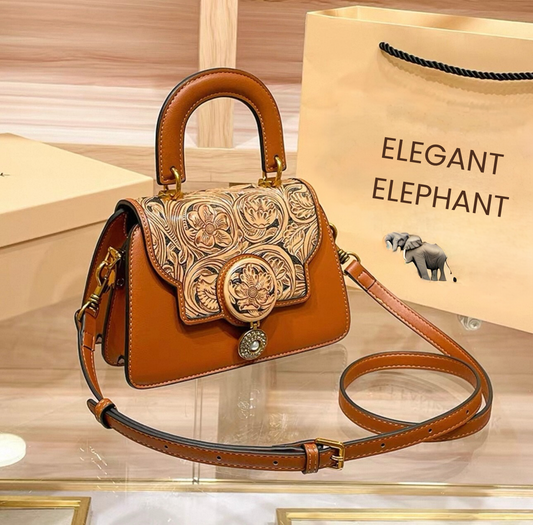 Elegant Elephant – “Rosewood Carve” Hand-Tooled Leather Mini Satchel