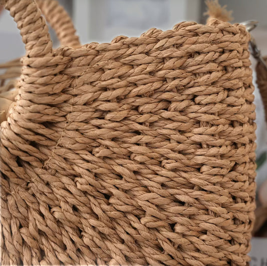 Convertible Woven Straw Tote & Crossbody Bag – Summer Handbag with Drawstring Lining