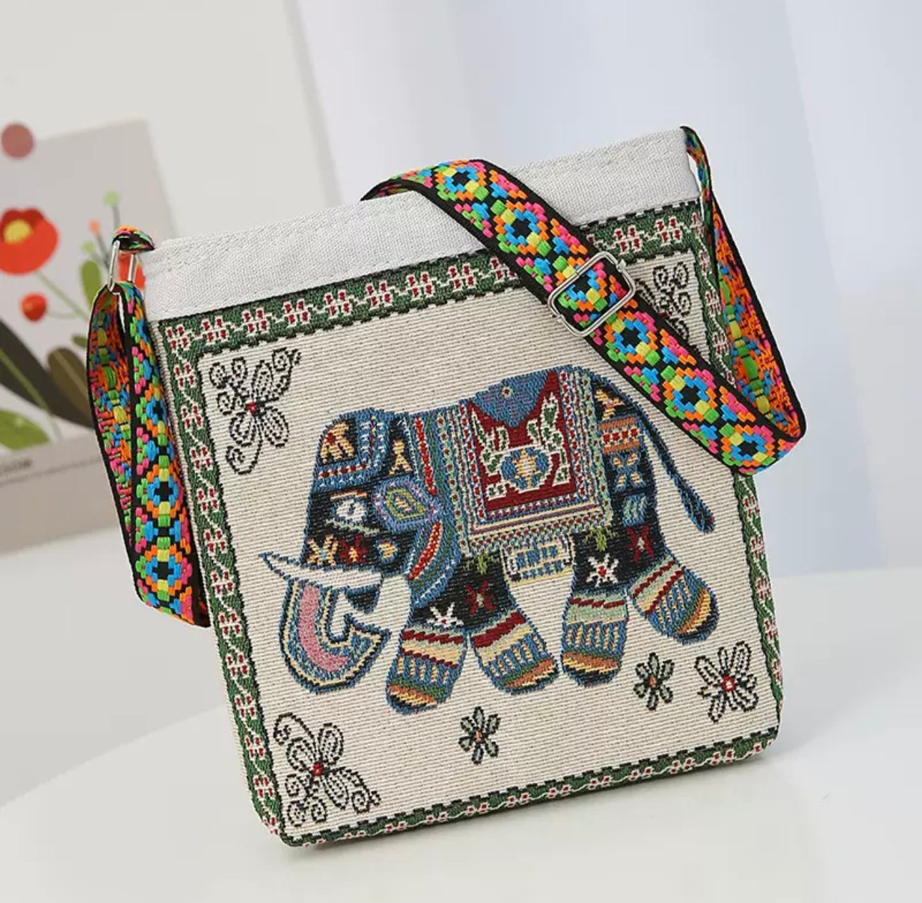 Boho Elephant Embroidered Crossbody Bag – Tablet & Everyday Essentials