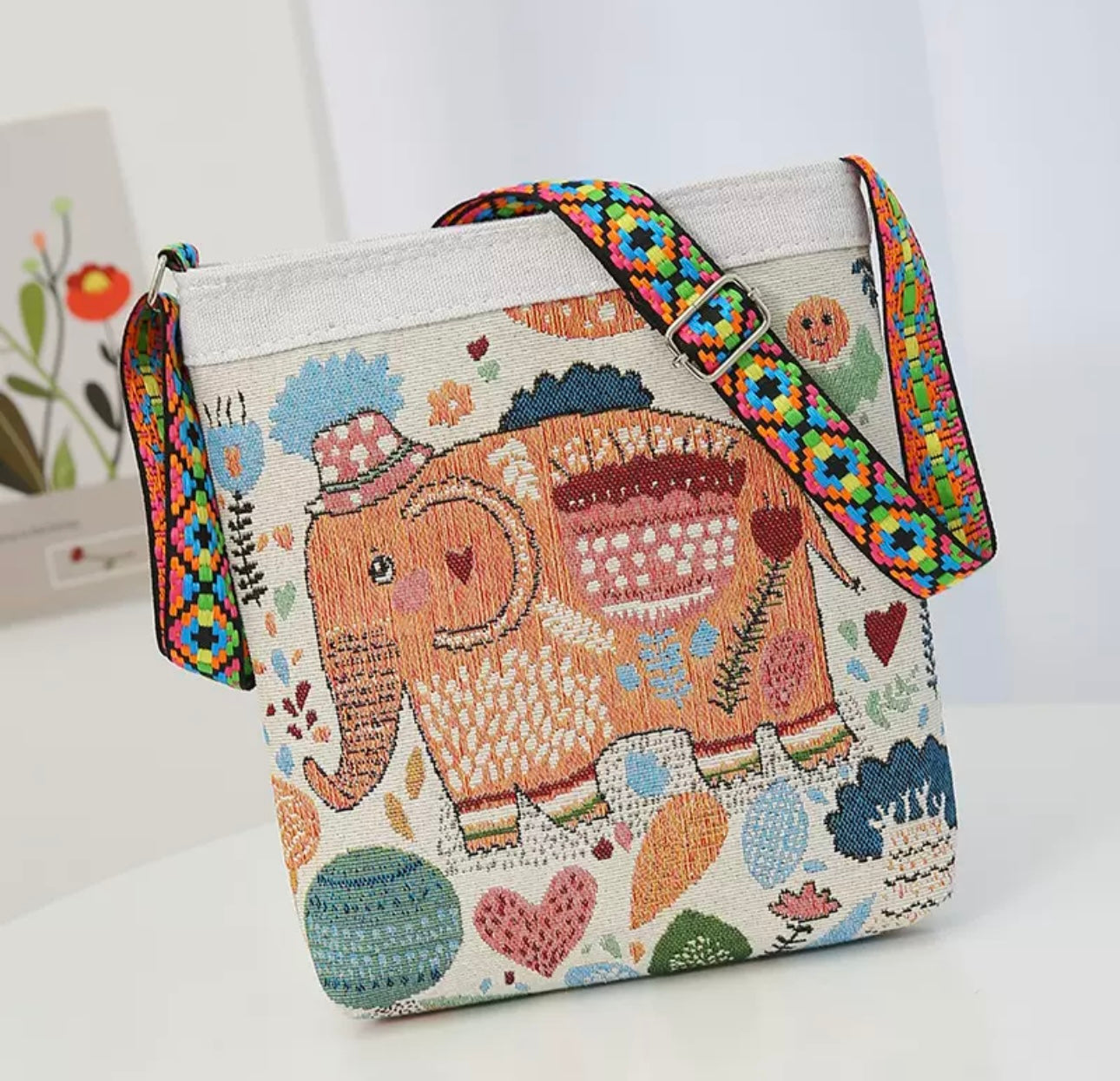 Boho Elephant Embroidered Crossbody Bag – Tablet & Everyday Essentials