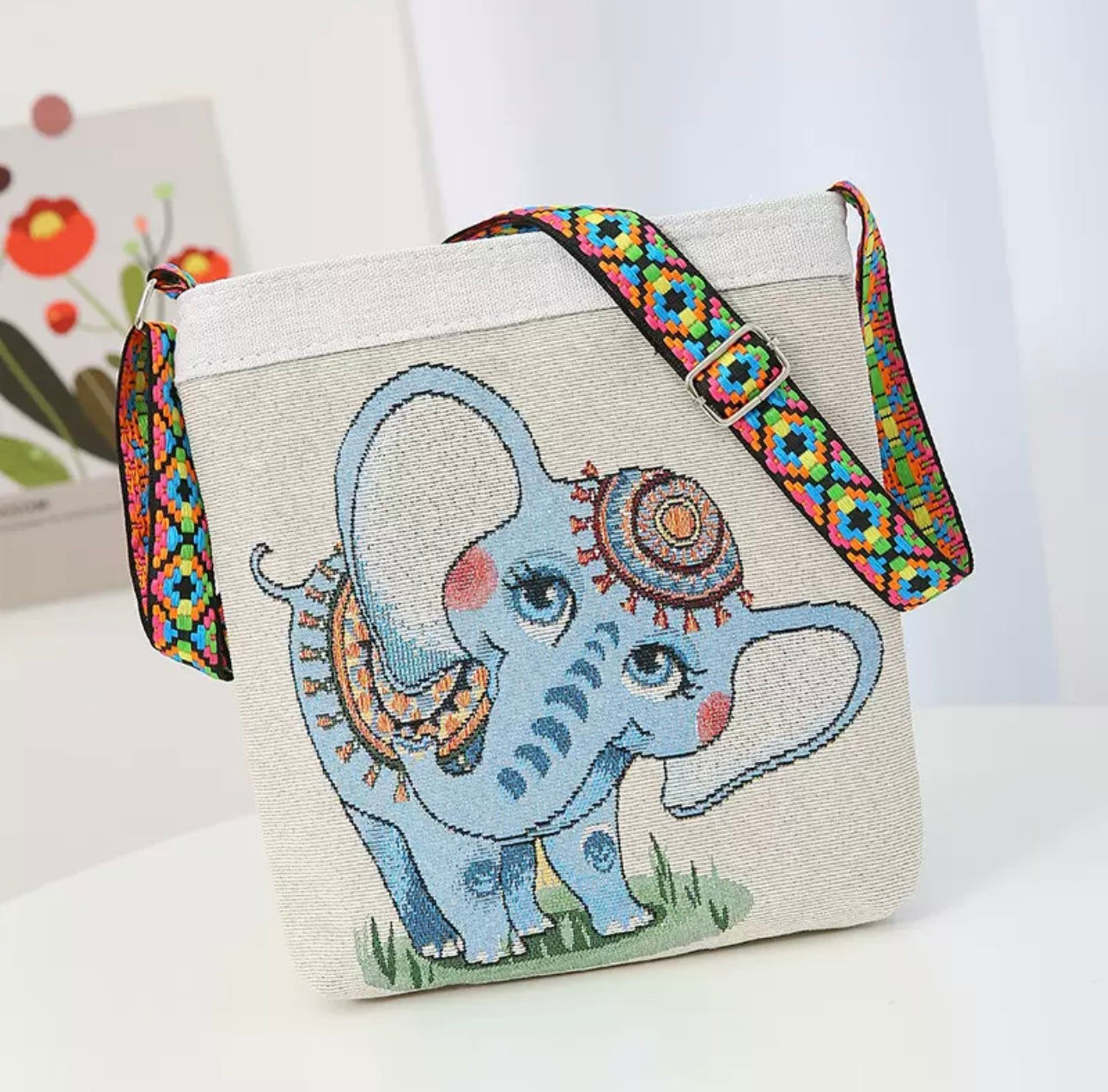 Boho Elephant Embroidered Crossbody Bag – Tablet & Everyday Essentials