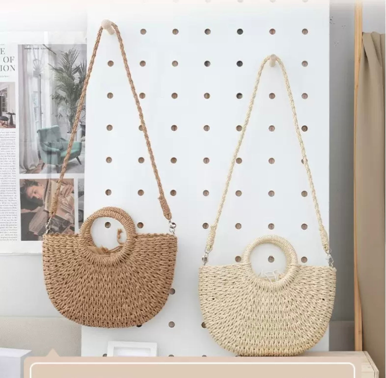 Convertible Woven Straw Tote & Crossbody Bag – Summer Handbag with Drawstring Lining