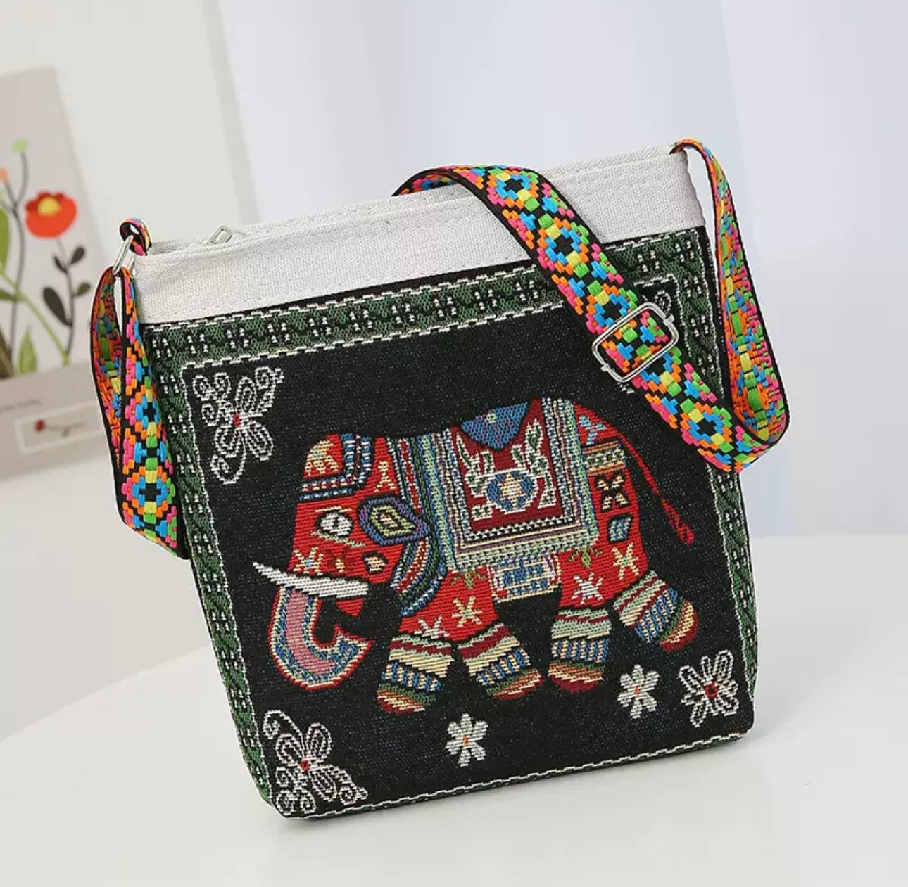 Boho Elephant Embroidered Crossbody Bag – Tablet & Everyday Essentials